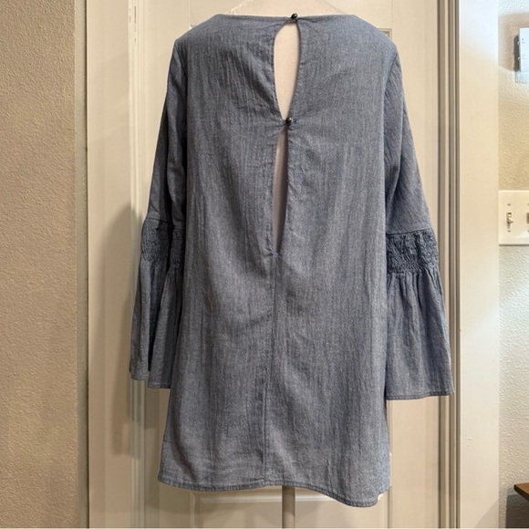 Free People Blue Chambray Bell Sleeve Mini Long Sleeve Dress Medium - Picture 7 of 11